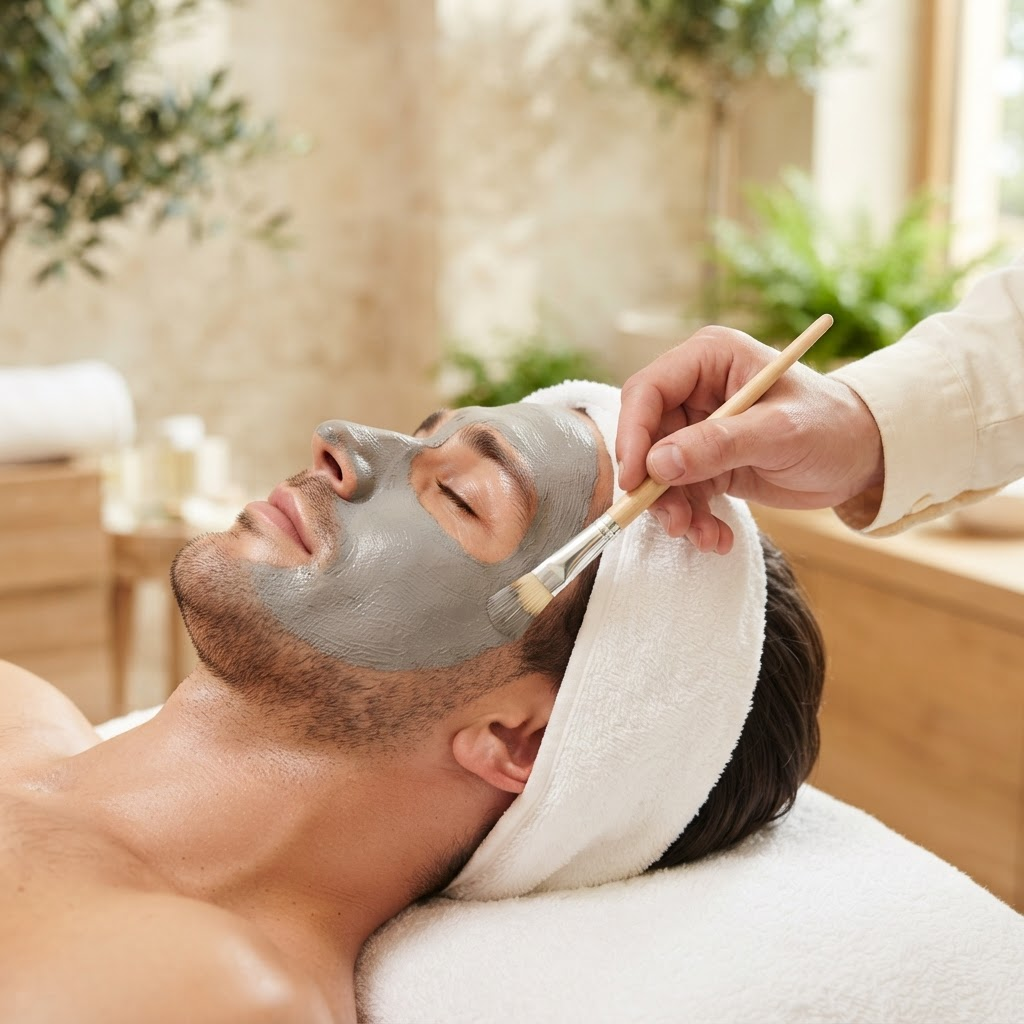 A client with a towel head wrap and a smooth grey clay mask being applied with a brush