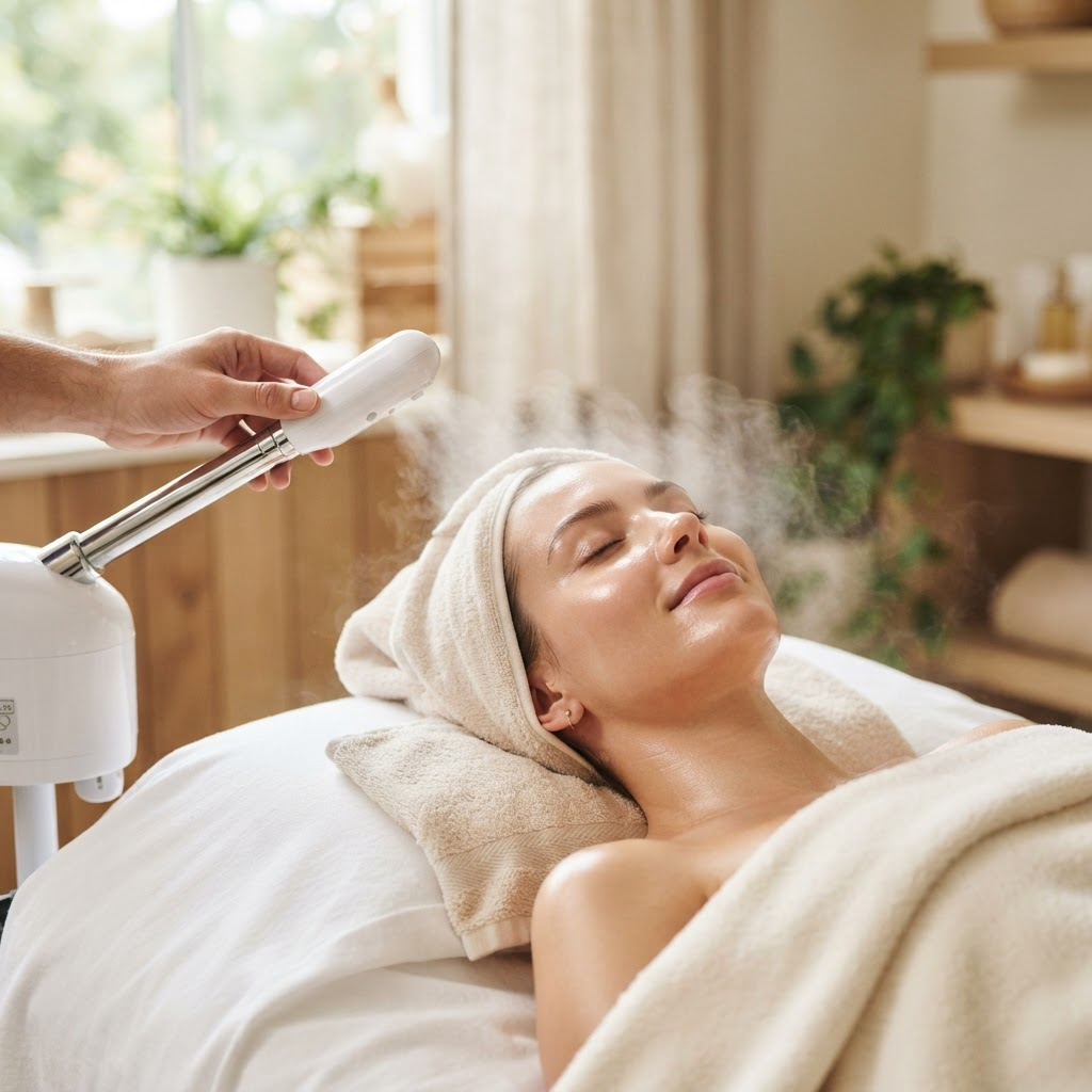 A male client relaxing with a towel head wrap while a facial steamer gently softens the skin