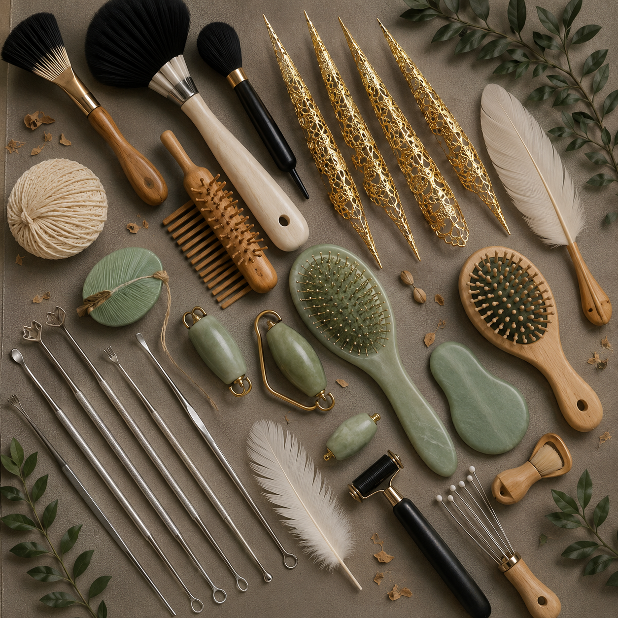 A collection of sensory therapy tools including jade hair brushes, feathers, scratching tools, body brushes and cooling globes